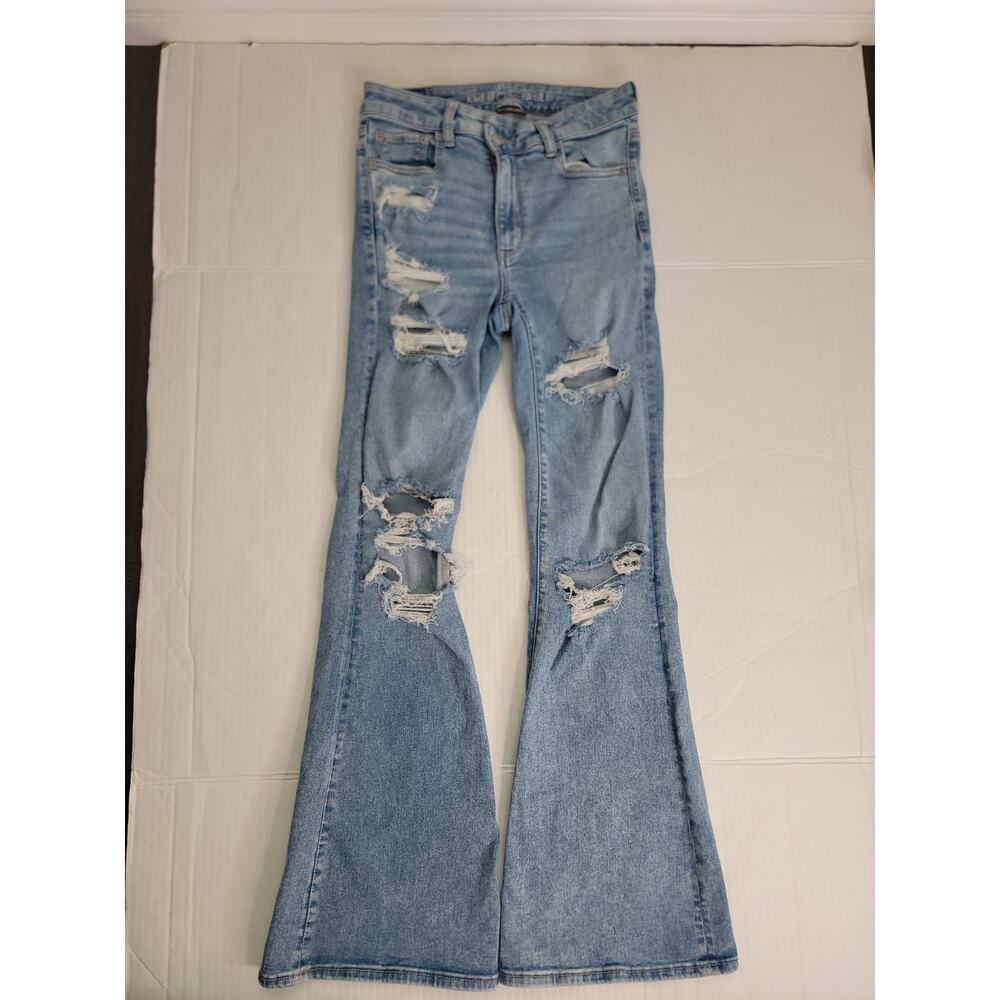 AMERICAN EAGLE Flare Jeans SZ 6 Super High Rise Distressed Cross Waist Y2K 90s - Picture 3 of 11